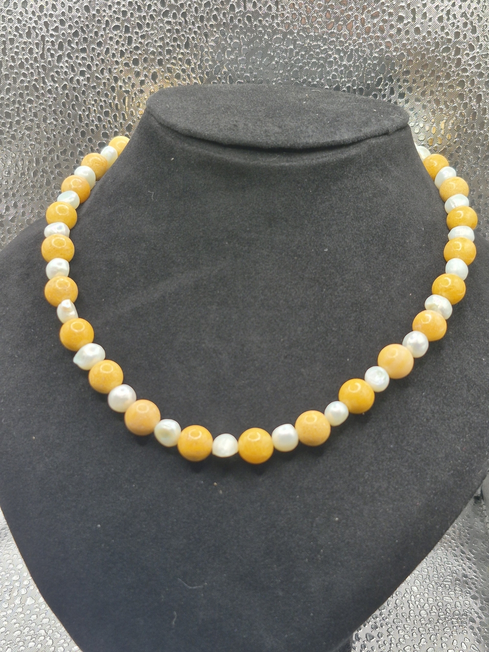 Genuine Yellow Jasper Beads And Gray Freshwater Pearl Necklace